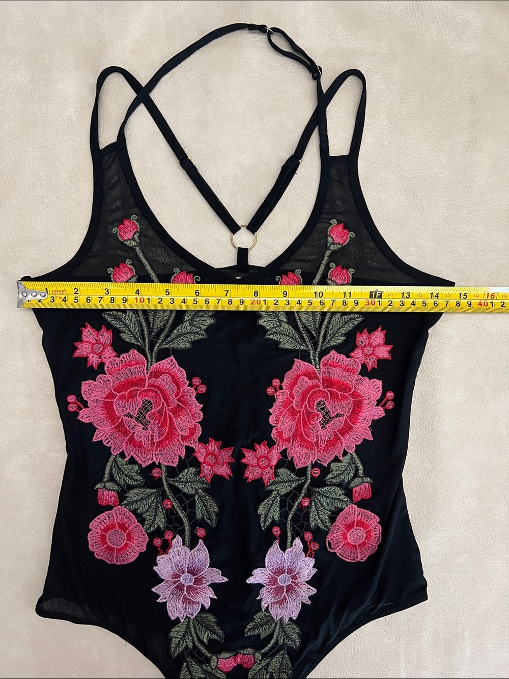 TOP CHIC Black Mesh Floral Embroidered Bodysuit with Pink Roses - Picture 11 of 13